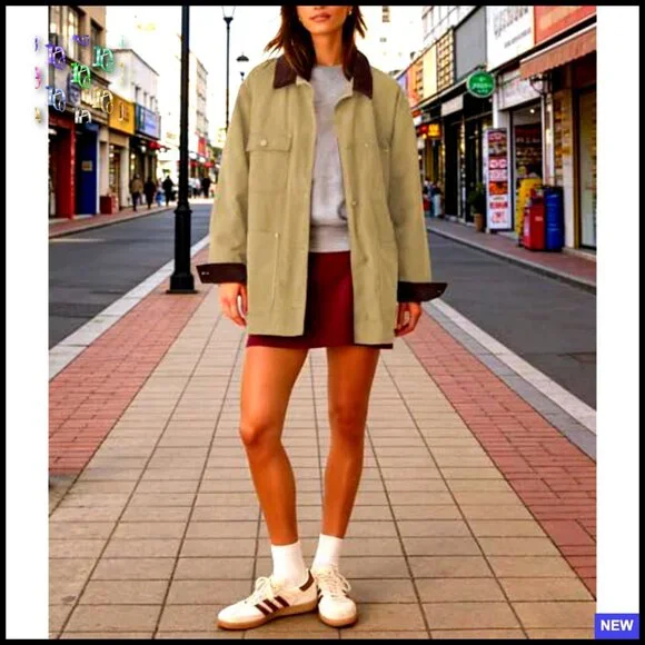 Oversized Utility Cotton Coat Corduroy Collar Vintage Workwear with Pockets